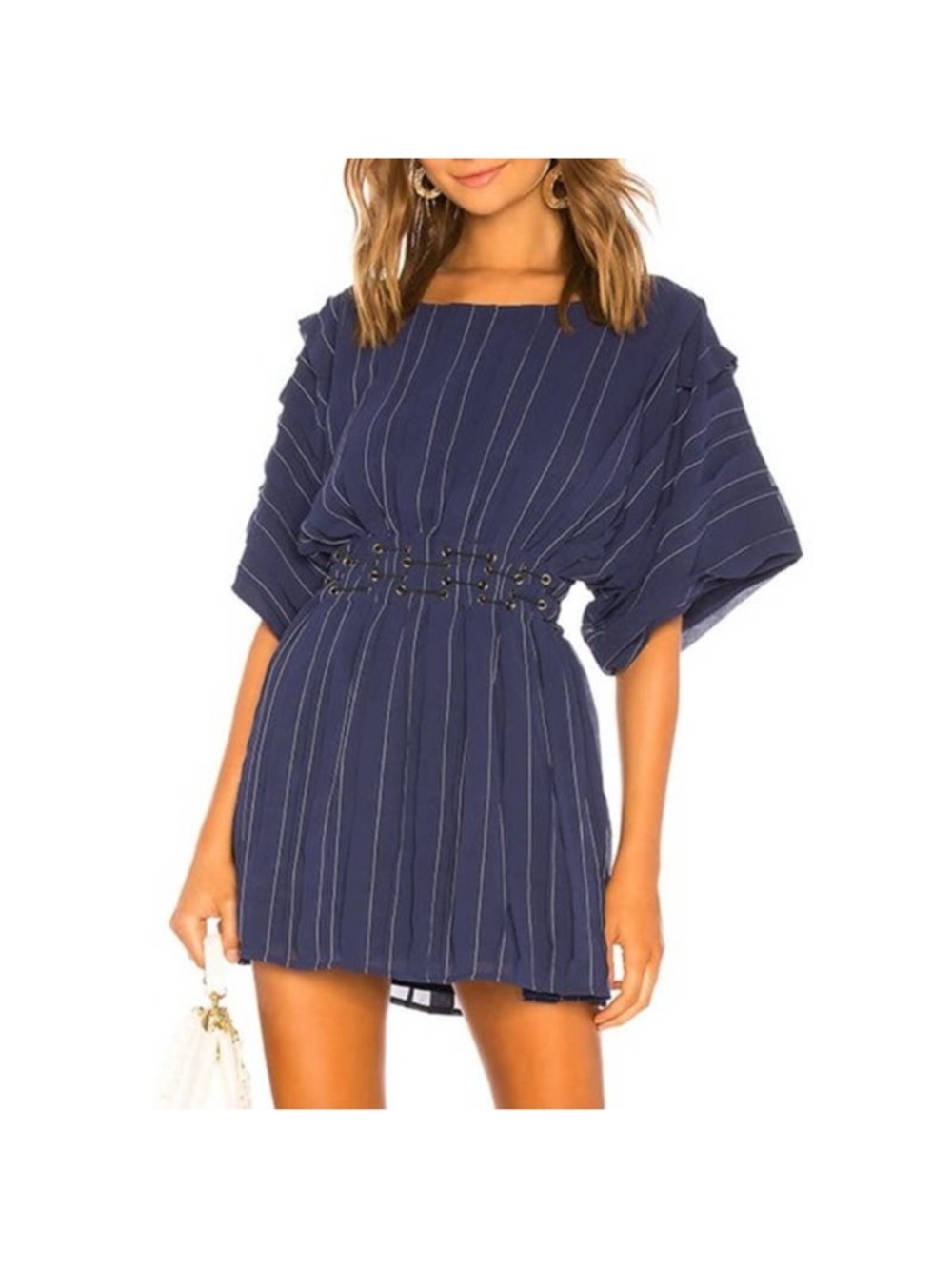 Tularosa Small Navy Blue Boat Neck Pleated Wide Short Sleeve Mini Dress